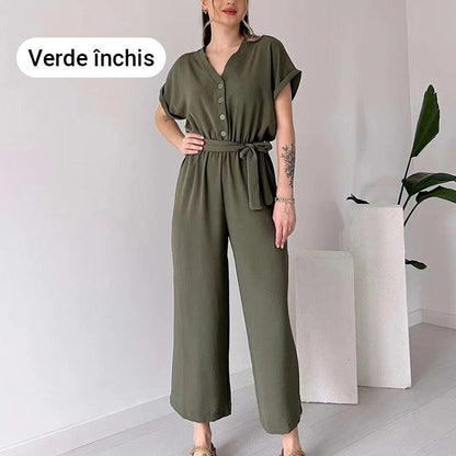 Lässiger Jumpsuit mit V-Ausschnitt und kurzen Ärmeln für Damen