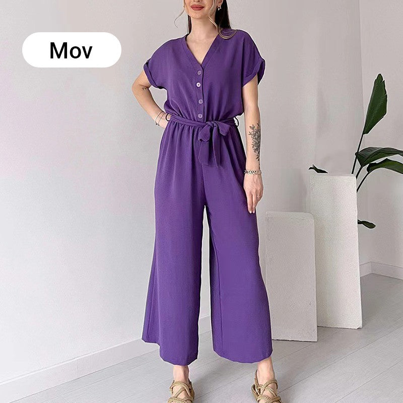 Lässiger Jumpsuit mit V-Ausschnitt und kurzen Ärmeln für Damen