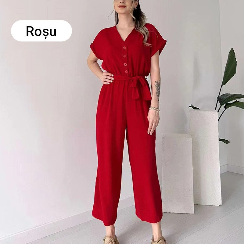 Lässiger Jumpsuit mit V-Ausschnitt und kurzen Ärmeln für Damen