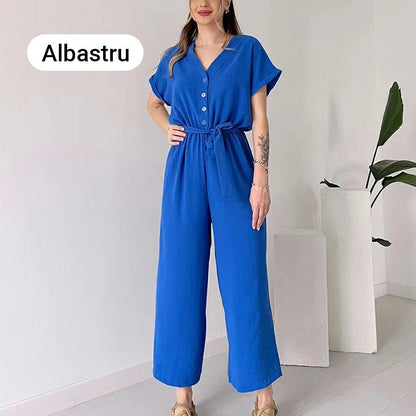 Lässiger Jumpsuit mit V-Ausschnitt und kurzen Ärmeln für Damen