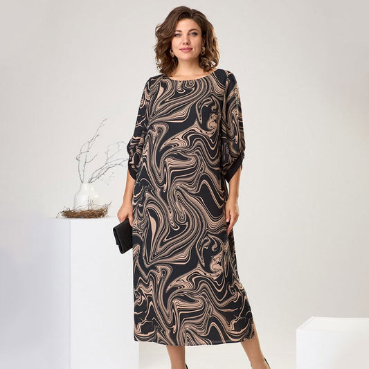 Maxikleid mit Dreiviertelärmeln und Marmor-Print