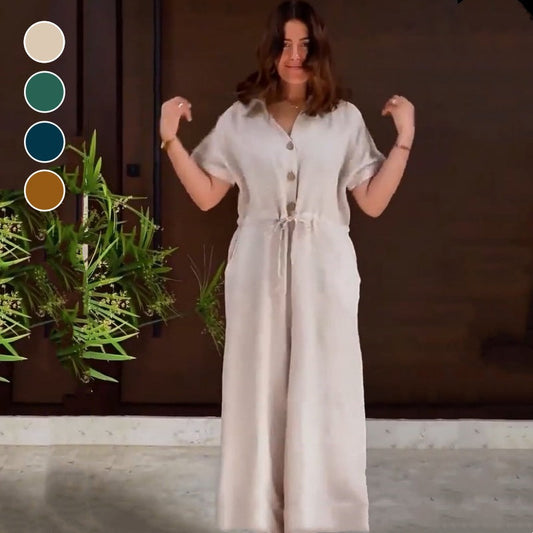 Einfarbiger Jumpsuit mit Revers und Knopfleiste sowie Kordelzug für Damen
