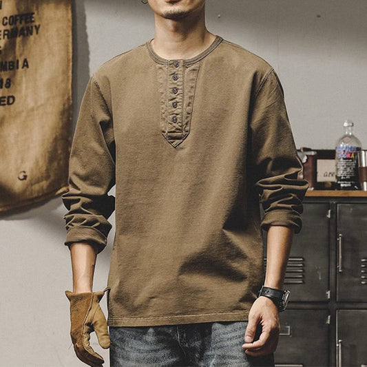 Herren-T-Shirt im Retro-Stil mit langen Ärmeln und Button-Down-Kragen