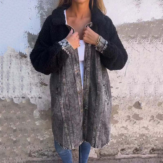 Lange Denim-Hemdjacke mit synthetischem Sherpa-Futter für Damen