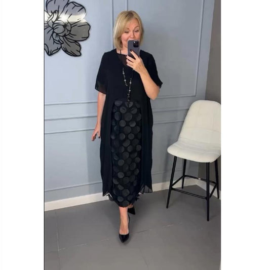 Elegantes schwarzes Kleid mit V-Ausschnitt und unregelmäßiger Oberbekleidung, 2-teiliges Set für Damen