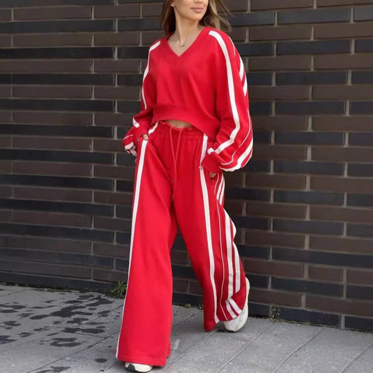 2-teiliges Set: Sweatshirt mit V-Ausschnitt und Hose mit weitem Bein