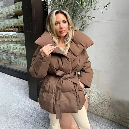 Stylische einfarbige Pufferjacke mit Gürtel für Damen