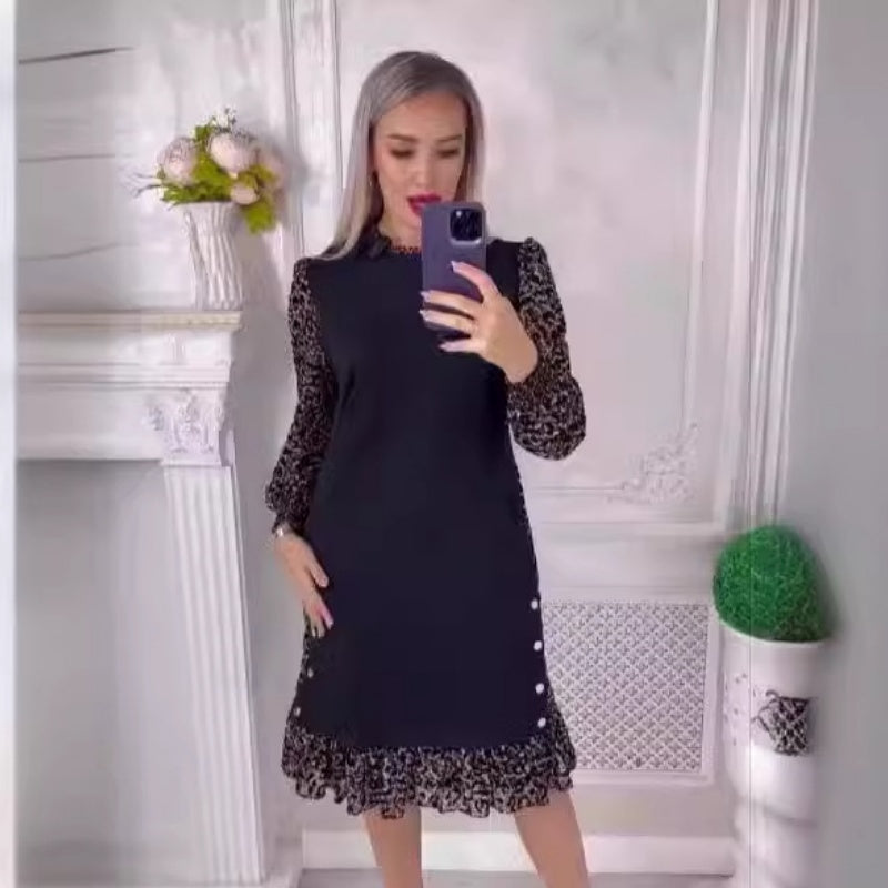 🎅Was soll ich morgen anziehen?✨Leopard Color Blocking Mock Neck Knielanges Kleid