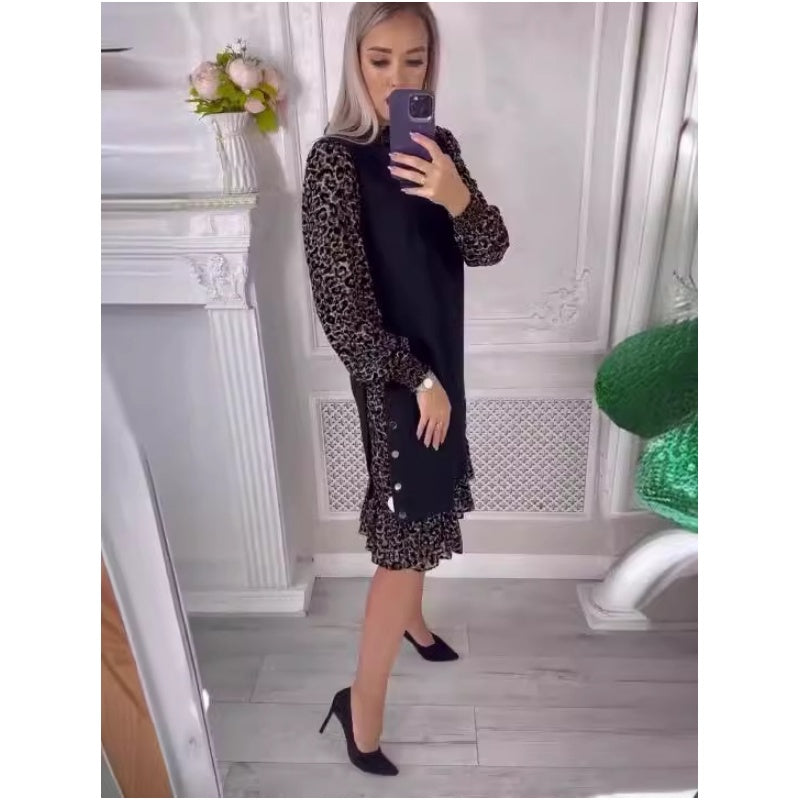 🎅Was soll ich morgen anziehen?✨Leopard Color Blocking Mock Neck Knielanges Kleid