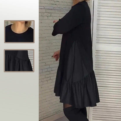 Loose Pleated Elegant Black Dress with Seven-pointed Sleeves