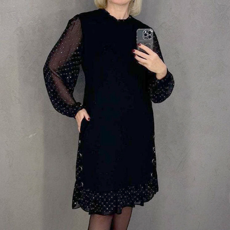 Damenkleid mit Rundhalsausschnitt, einfarbig und Strasssteinen📦 Freie Lieferung📦