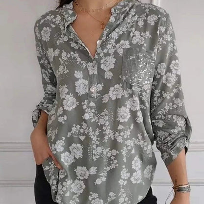 Langärmlige Bluse mit Blumenmuster und Paillettentasche für Damen