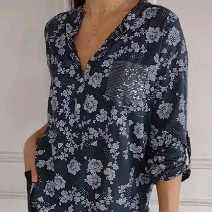 Langärmlige Bluse mit Blumenmuster und Paillettentasche für Damen