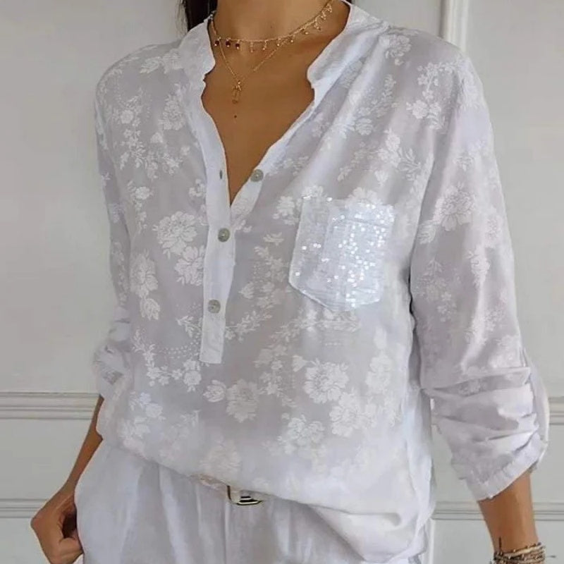 Langärmlige Bluse mit Blumenmuster und Paillettentasche für Damen