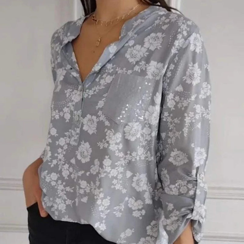 Langärmlige Bluse mit Blumenmuster und Paillettentasche für Damen