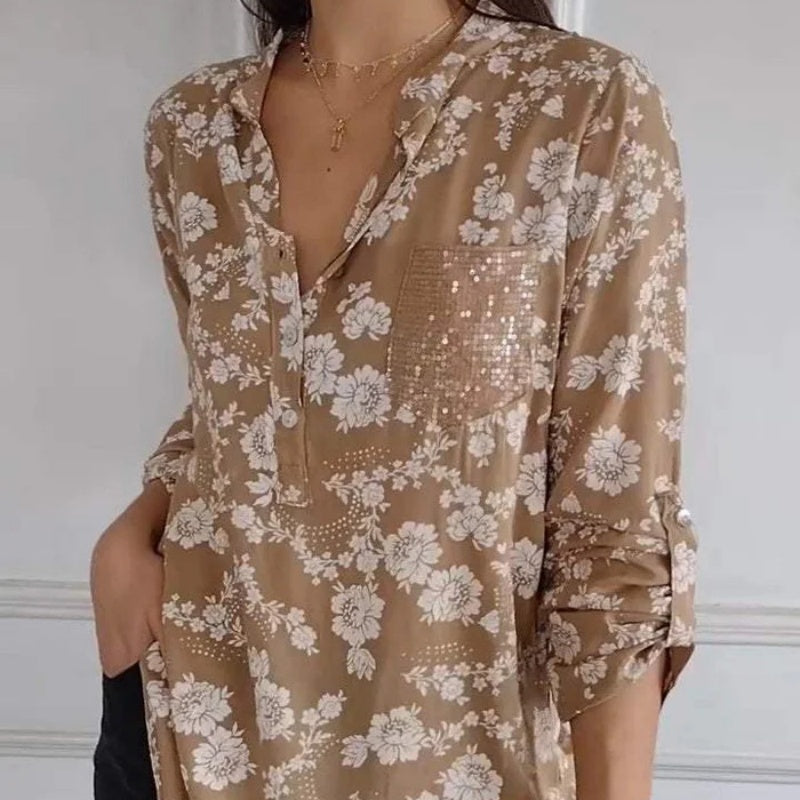 Langärmlige Bluse mit Blumenmuster und Paillettentasche für Damen