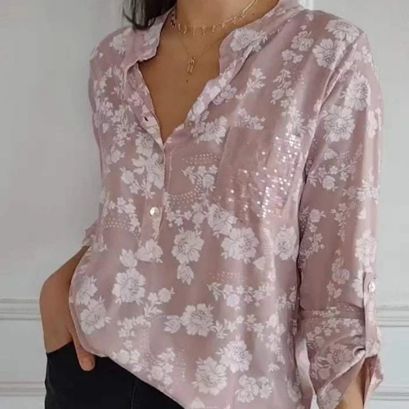 Langärmlige Bluse mit Blumenmuster und Paillettentasche für Damen