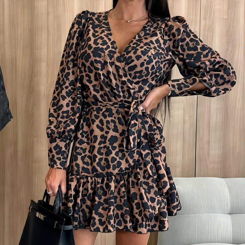 💕Was soll ich morgen anziehen?💕Leopard Print Wrap V-Neck Waist Tie Dress