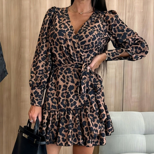 💕Was soll ich morgen anziehen?💕Leopard Print Wrap V-Neck Waist Tie Dress