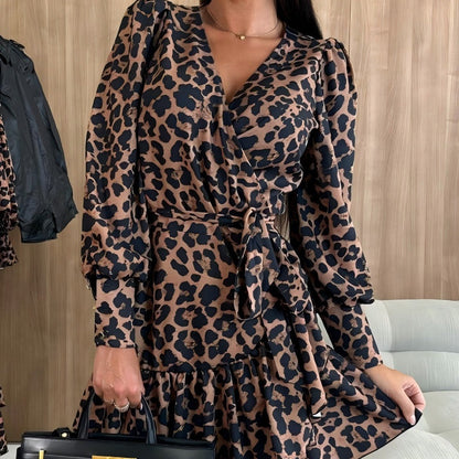 💕Was soll ich morgen anziehen?💕Leopard Print Wrap V-Neck Waist Tie Dress