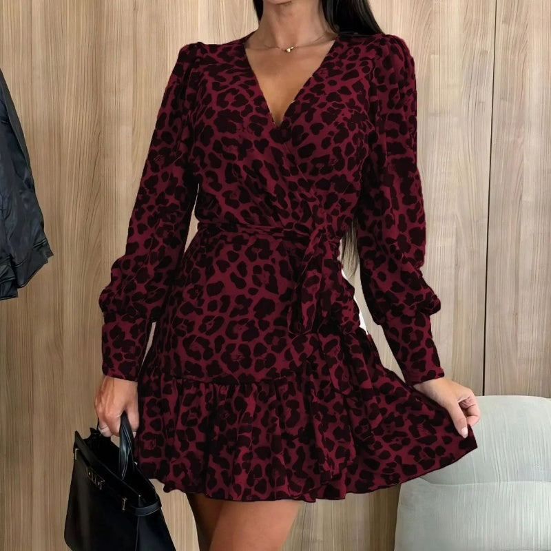 💕Was soll ich morgen anziehen?💕Leopard Print Wrap V-Neck Waist Tie Dress