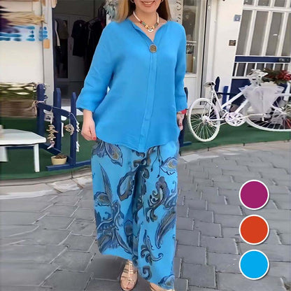 2-teiliges Set aus lässiger bedruckter Langarmbluse und Hose mit weitem Bein für Damen