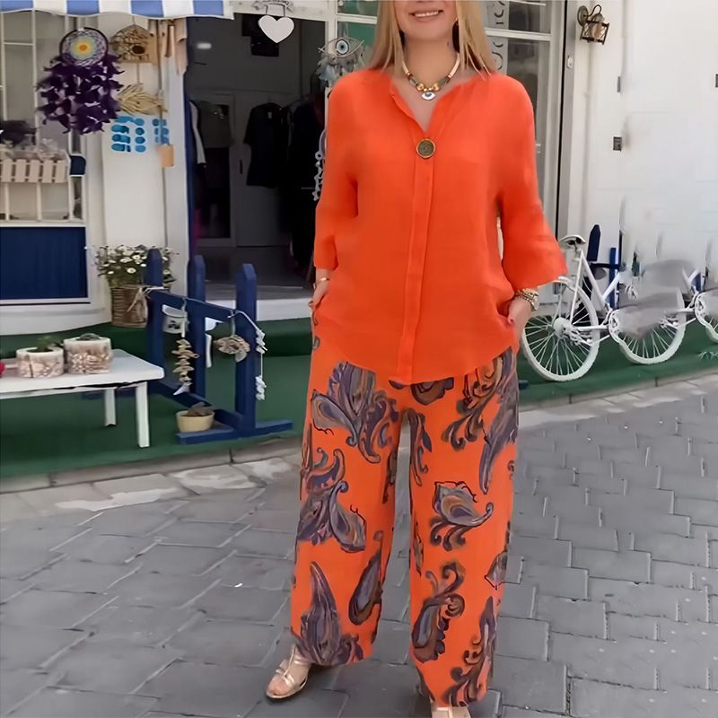 2-teiliges Set aus lässiger bedruckter Langarmbluse und Hose mit weitem Bein für Damen