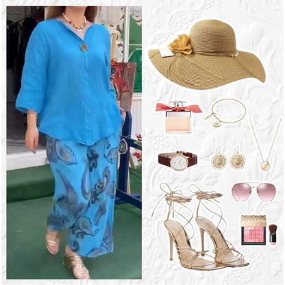 2-teiliges Set aus lässiger bedruckter Langarmbluse und Hose mit weitem Bein für Damen