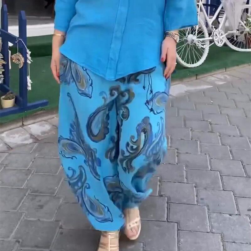 2-teiliges Set aus lässiger bedruckter Langarmbluse und Hose mit weitem Bein für Damen