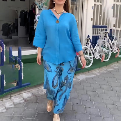 2-teiliges Set aus lässiger bedruckter Langarmbluse und Hose mit weitem Bein für Damen