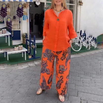 2-teiliges Set aus lässiger bedruckter Langarmbluse und Hose mit weitem Bein für Damen
