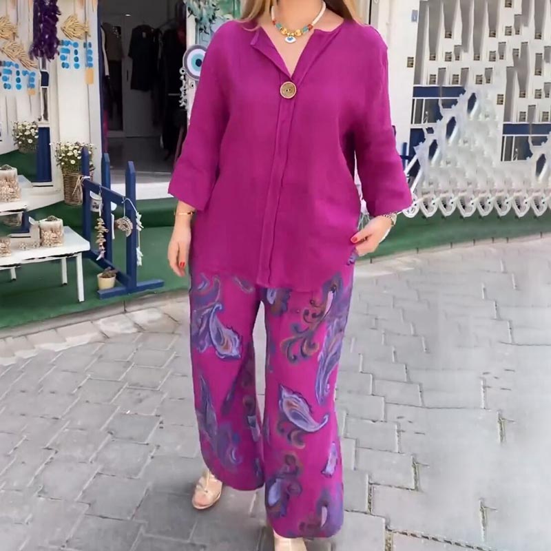 2-teiliges Set aus lässiger bedruckter Langarmbluse und Hose mit weitem Bein für Damen