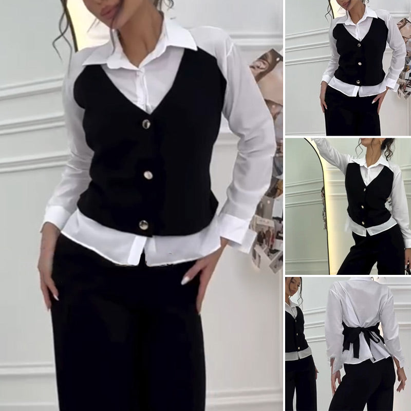 🩷Damen Set aus Hemd mit Weste in Layering-Optik und Hose