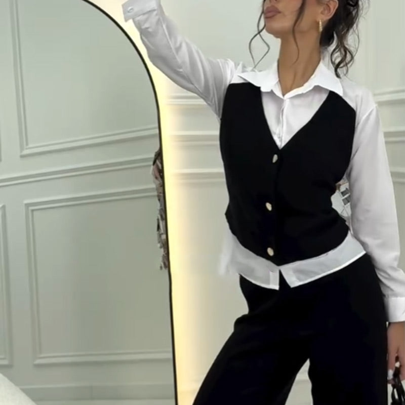 🩷Damen Set aus Hemd mit Weste in Layering-Optik und Hose