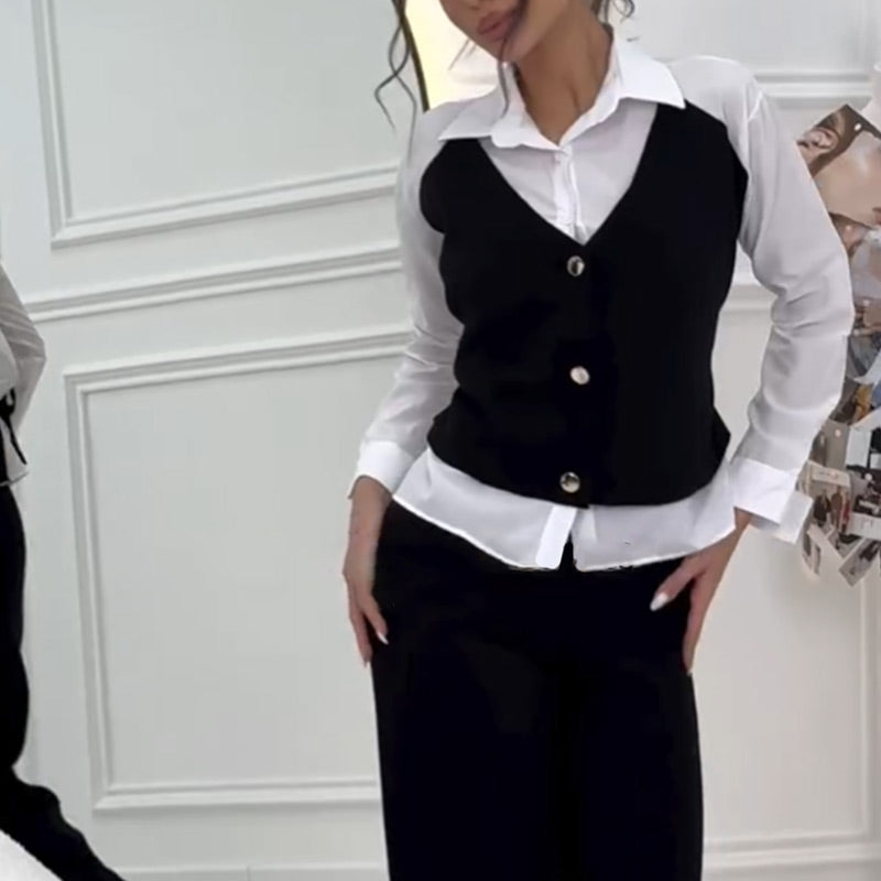 🩷Damen Set aus Hemd mit Weste in Layering-Optik und Hose
