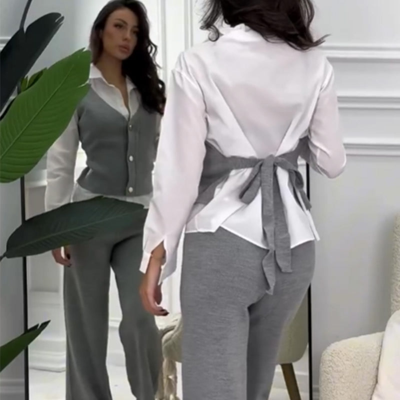 🩷Damen Set aus Hemd mit Weste in Layering-Optik und Hose