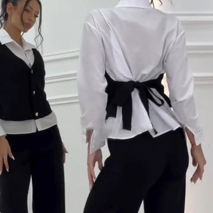 🩷Damen Set aus Hemd mit Weste in Layering-Optik und Hose