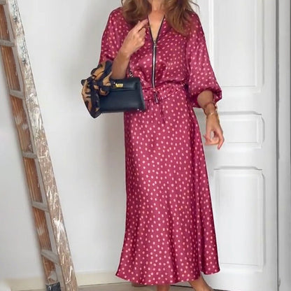 2-teiliges Polka Dot-Outfit für Damen, Oberteil mit Reißverschluss und Midirock