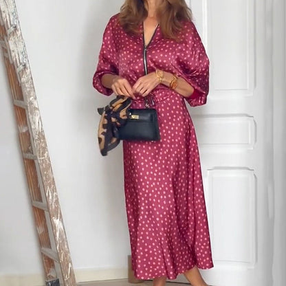 2-teiliges Polka Dot-Outfit für Damen, Oberteil mit Reißverschluss und Midirock