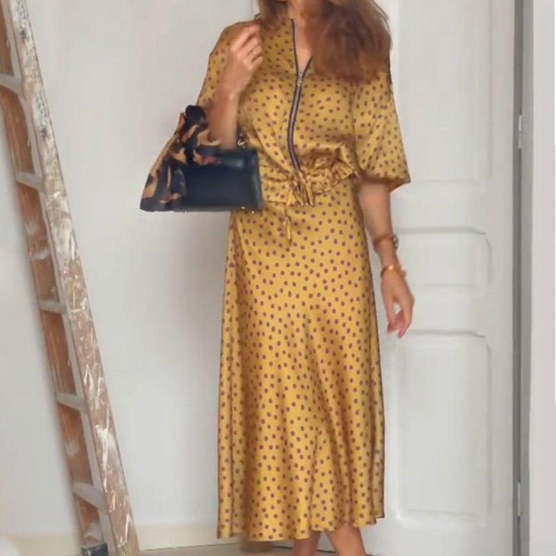 2-teiliges Polka Dot-Outfit für Damen, Oberteil mit Reißverschluss und Midirock