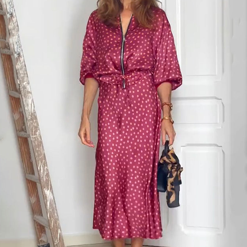 2-teiliges Polka Dot-Outfit für Damen, Oberteil mit Reißverschluss und Midirock