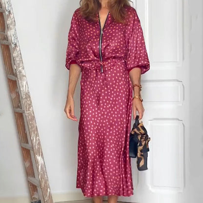 2-teiliges Polka Dot-Outfit für Damen, Oberteil mit Reißverschluss und Midirock