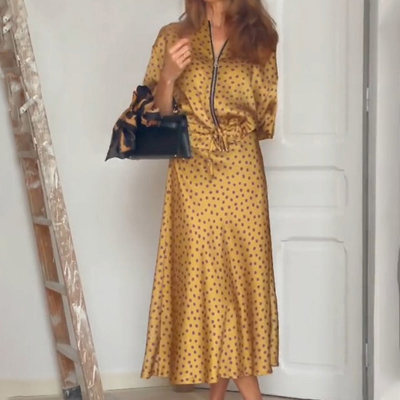 2-teiliges Polka Dot-Outfit für Damen, Oberteil mit Reißverschluss und Midirock