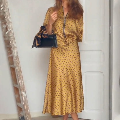 2-teiliges Polka Dot-Outfit für Damen, Oberteil mit Reißverschluss und Midirock