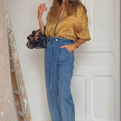 2-teiliges Polka Dot-Outfit für Damen, Oberteil mit Reißverschluss und Midirock