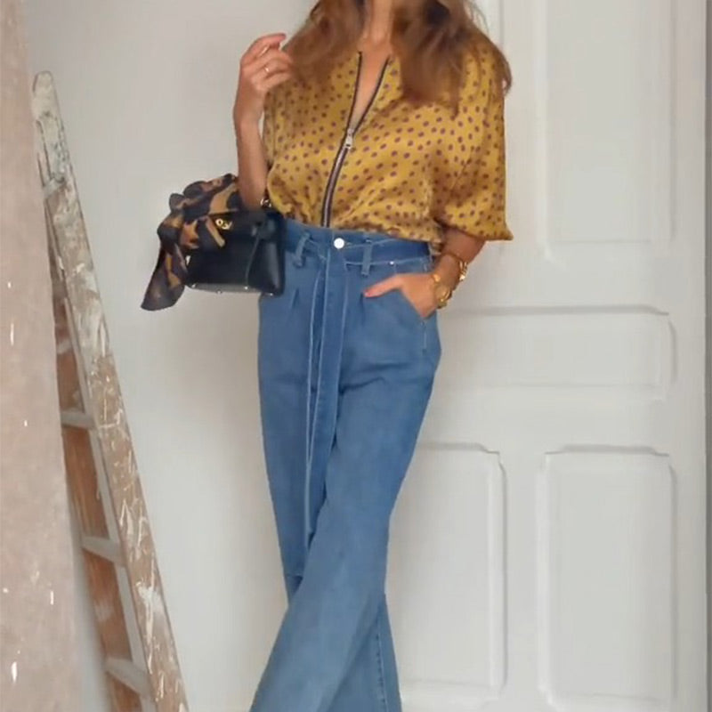 2-teiliges Polka Dot-Outfit für Damen, Oberteil mit Reißverschluss und Midirock