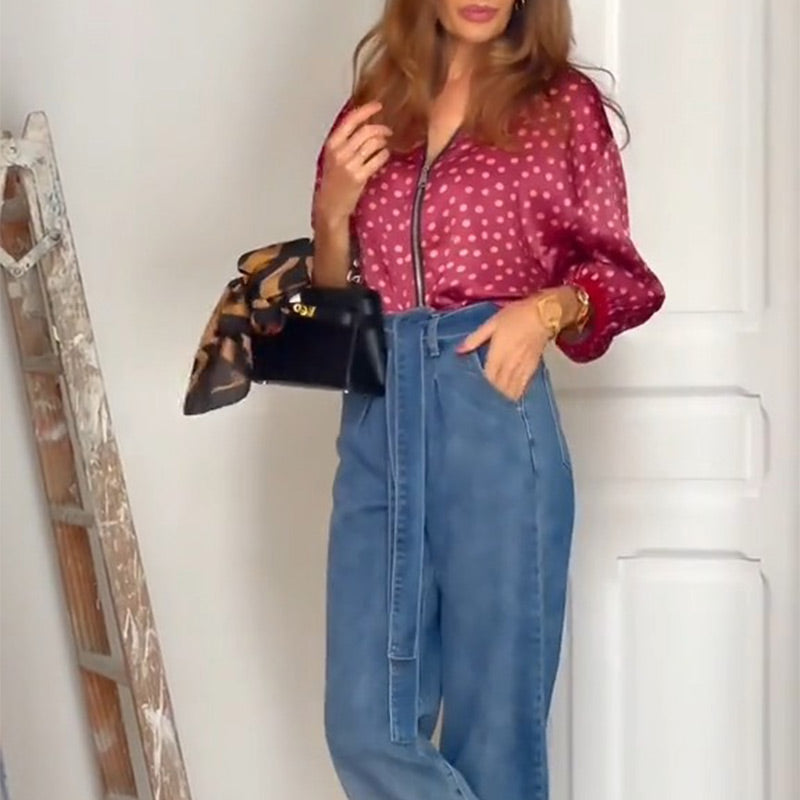 2-teiliges Polka Dot-Outfit für Damen, Oberteil mit Reißverschluss und Midirock