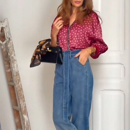 2-teiliges Polka Dot-Outfit für Damen, Oberteil mit Reißverschluss und Midirock