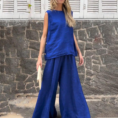 2-teiliges Set aus ärmellosem Oberteil aus Baumwollleinen und Palazzo-Hosen für Damen