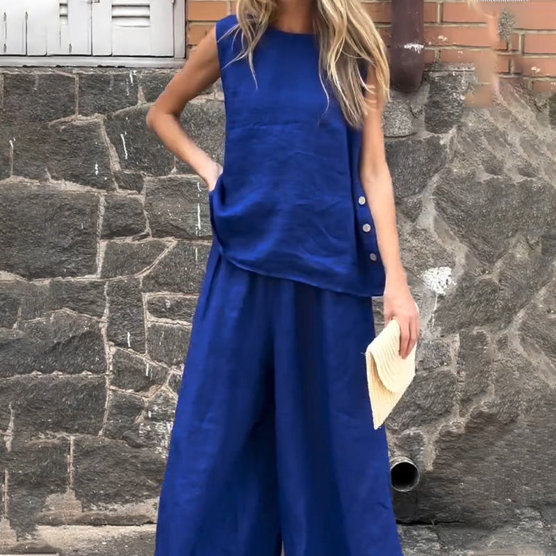 2-teiliges Set aus ärmellosem Oberteil aus Baumwollleinen und Palazzo-Hosen für Damen